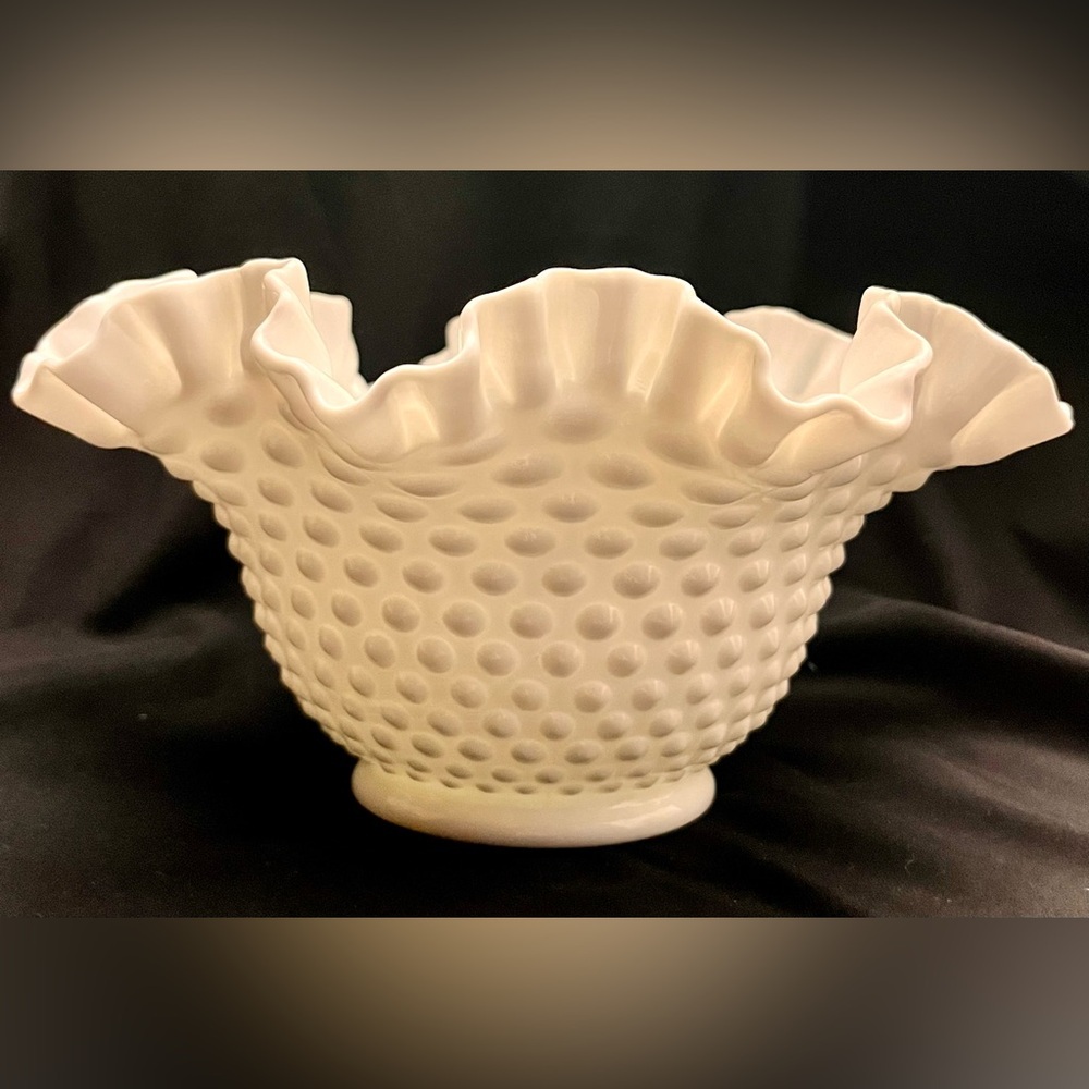 Vintage Fenton Milk Glass Hobnail Ruffled Bowl 9" MCM Cottagecore Centerpiece